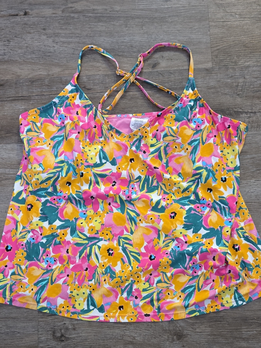 Anne Cole Pink Floral Strappy Swim Top with Yellow & Teal Accents